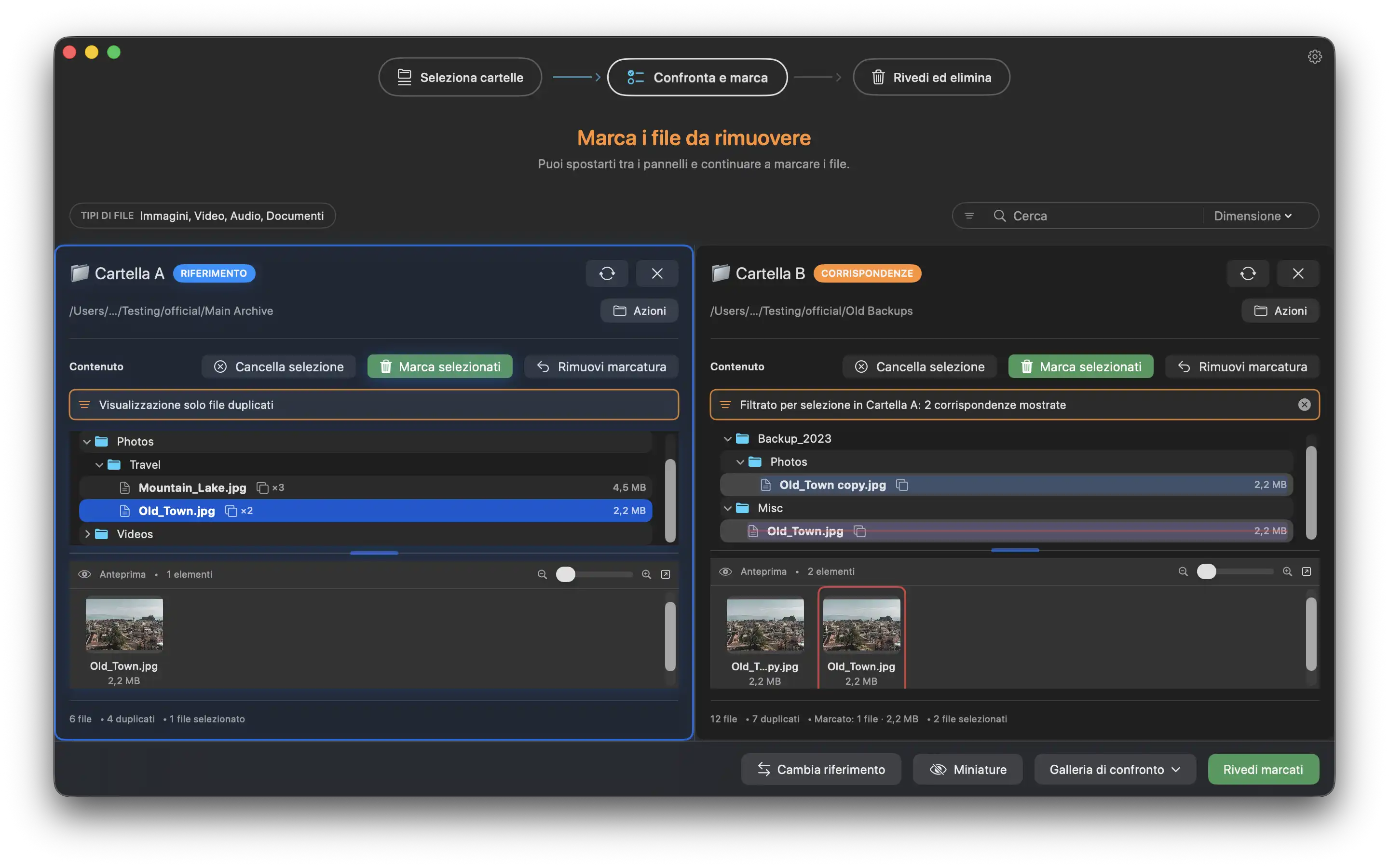 Confronto a doppio pannello di Duplicate Wizard con duplicati evidenziati